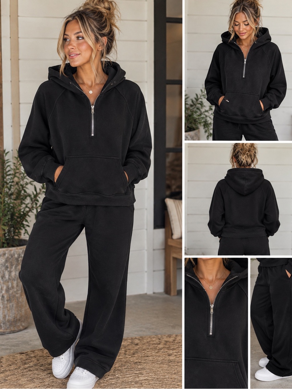 Pink Lily Black Half-Zip Set